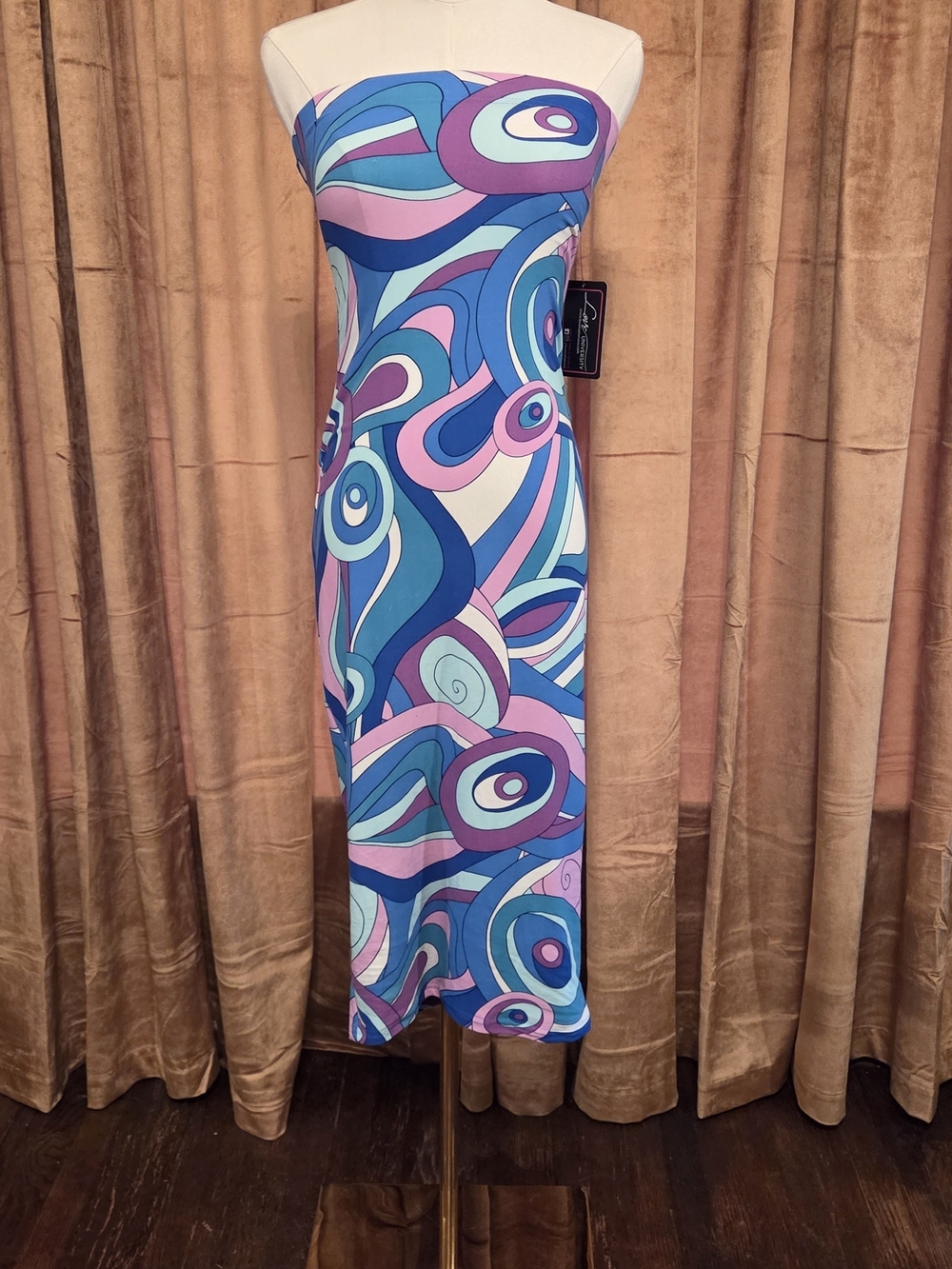 Love University Strapless Blue and Pink Abstract Midi Dress. NWT